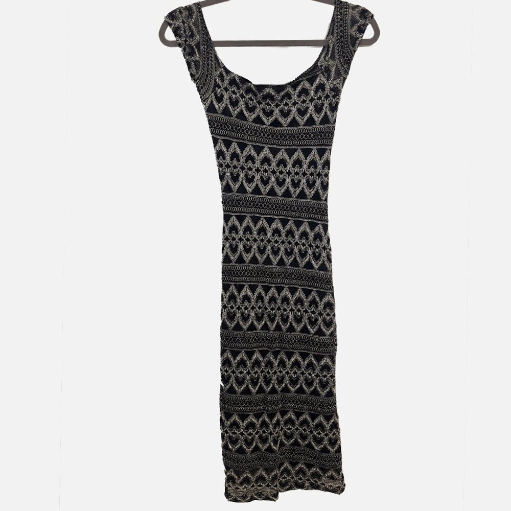 Y2K Vintage CEDUXION Black & Silver Heart Pattern Bodycon Dress - Juniors Medium